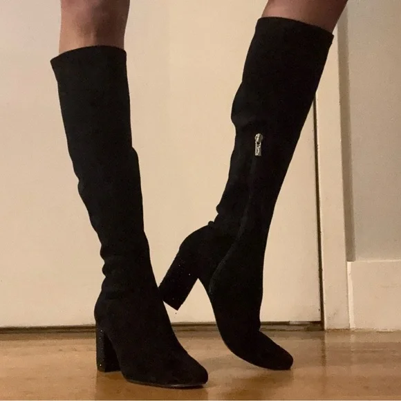 Black Suede Jewel Badgley Mischka Evalina Rhinestone Heel Boots Size 5 - Picture 4 of 7